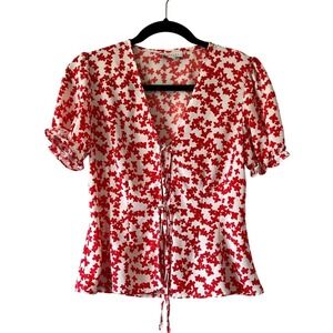 Topshop Floral Print Peplum Tie Front Blouse Red White Short Sleeve‎ Top